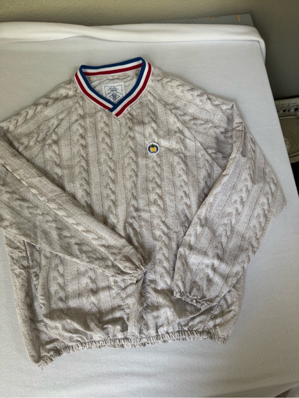 chubbies Cream Cable-Knit Long Sleeve Pullover with Red, White & Blue V-Neck